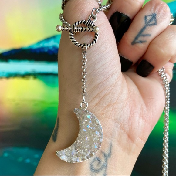 Lariat Y shape necklace iridescent druzy quartz crecent moon charm - Picture 4 of 11
